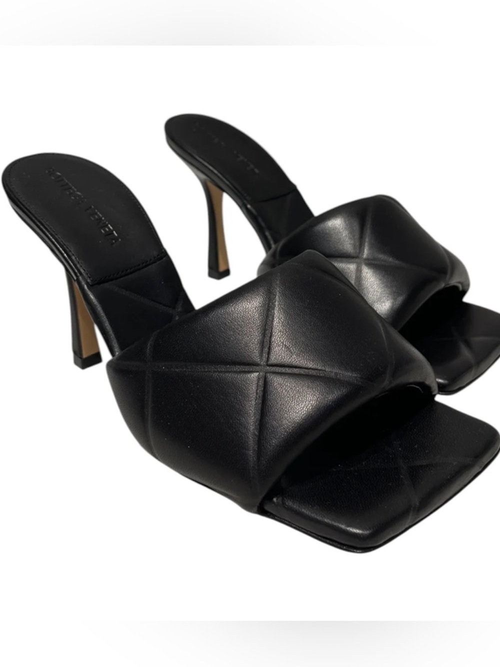 Bottega Veneta Black Quilted Leather Square-Toe High Heel Mules